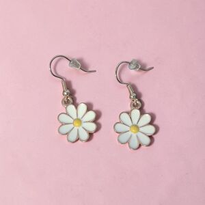 Cute White Enamel Daisy Drop Earrings - Gold Tone Floral Dangle Earrings
